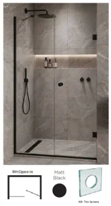 Showerlab View 03 Enclosures Door + Inline Panel Standard - Fixed Sizes Only 1670-1684mmx2000mm , Right Hand , Open IN , H8 - The Sphere (Round Cut Out) , Matt Black