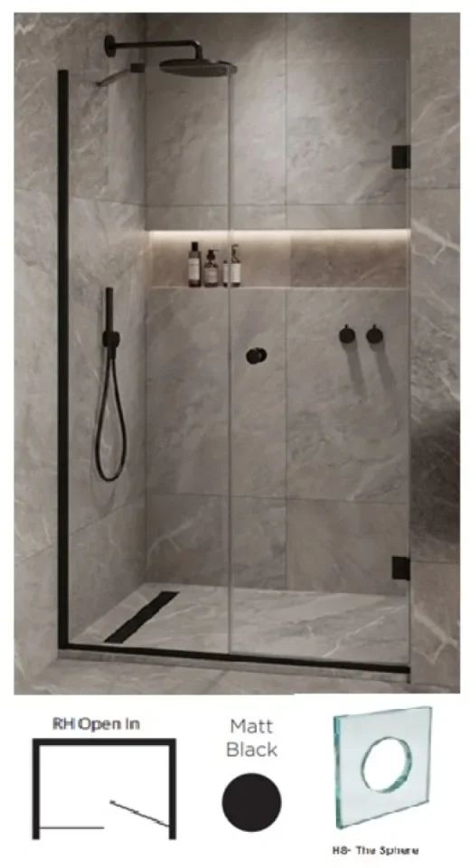 Showerlab View 03 Enclosures Door + Inline Panel Standard - Fixed Sizes Only 1670-1684mmx2000mm , Right Hand , Open IN , H8 - The Sphere (Round Cut Out) , Matt Black - Image 1