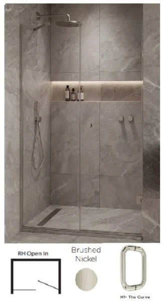 Showerlab View 03 Enclosures Door + Inline Panel Standard - Fixed Sizes Only 1270-1284mmx2000mm , Right Hand , Open IN , H1 - The Curve , Brushed Nickel
