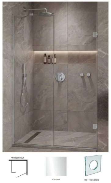 Showerlab View 03 Enclosures Door + Inline Panel Standard - Fixed Sizes Only 970-984mmx2000mm , Right Hand , Open OUT , H8 - The Sphere (Round Cut Out) , Chrome
