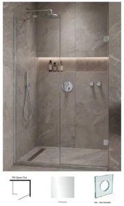 Showerlab View 03 Enclosures Door + Inline Panel Standard - Fixed Sizes Only 970-984mmx2000mm , Right Hand , Open OUT , H8 - The Sphere (Round Cut Out) , Chrome