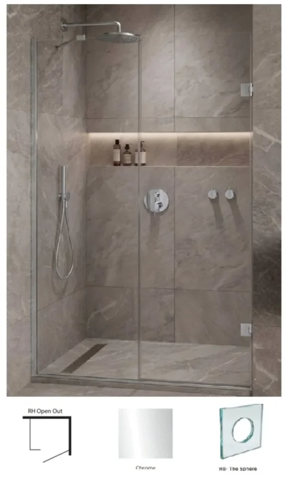Showerlab View 03 Enclosures Door + Inline Panel Standard - Fixed Sizes Only 970-984mmx2000mm , Right Hand , Open OUT , H8 - The Sphere (Round Cut Out) , Chrome - Image 1