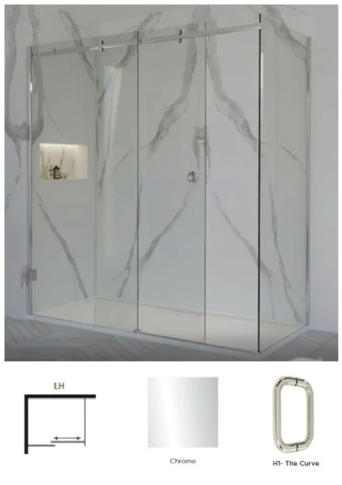 Showerlab View 31 Corner Enclosures Sliding Door + Fixed Panel + Return Panel Standard - Fixed Sizes Only 1142-1182mmx2000mm , Left Hand Door to Panel , H1 - The Curve , Chrome - Image 1