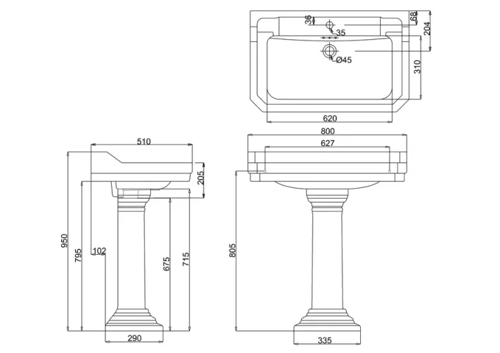 Burlington 1h 800 Edwardian Basin technical drawing - Image 2