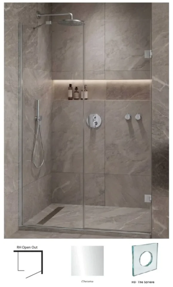 Showerlab View 03 Enclosures Door + Inline Panel Standard - F970-984mm x 2000mm, Right Hand, Open OUT, H8 - The Sphere, Chrome detail view - Image 2