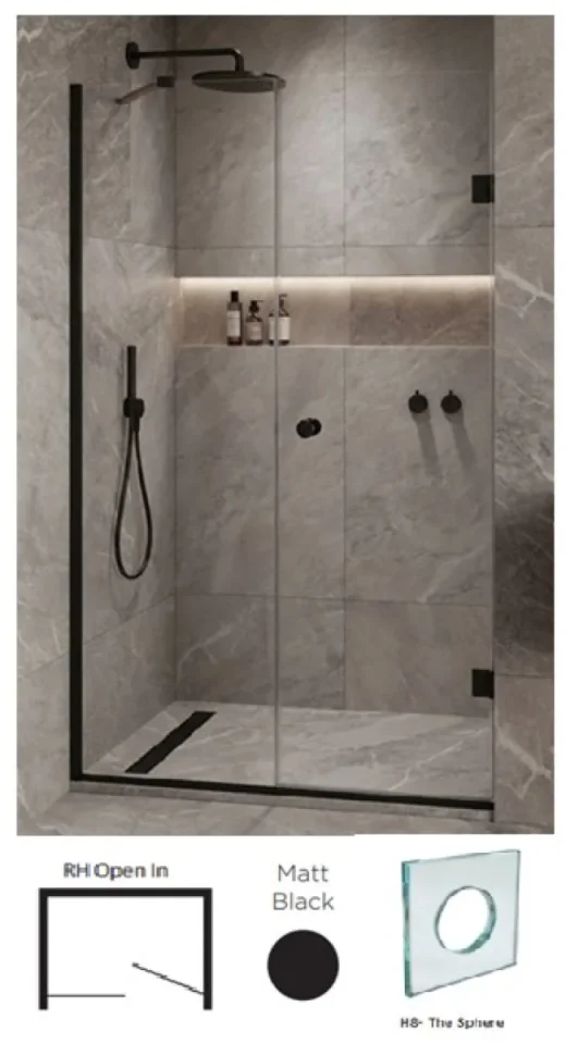 Showerlab View 03 Enclosures Door + Inline Panel Standard - 1670 TO 1684mm x 2000mm, Right Hand, Open IN, H8 - The Sphere (Round Cut Out) , Matt Black detail view - Image 2
