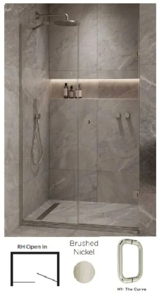 Showerlab View 03 Enclosures Door + Inline Panel Standard - 1270-1284mm x 2000mm, Right Hand, Open I , H1 - The Curve, Brushed Nickel detail view - Image 2