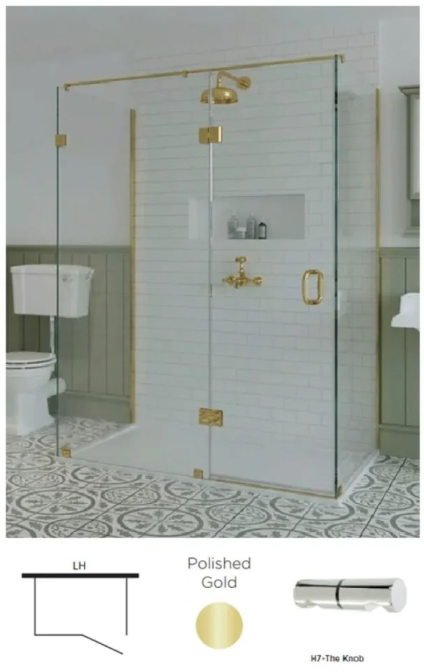 Showerlab View 22 Three Sided Enclosure Inline Panel + Door + Two X Return Panels Standard - Fixed Sizes Only 1085mmx2000mm , Left Hand , Open OUT , H7 - The Knob , Polished Gold product image - Image 2