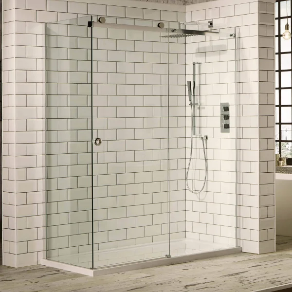 Frontline Aquaglass Sphere Sliding Shower Door With Chrome Cut-out Handle. Crafted With Innovative Sliding Top Panel. Manufactured From 8mm Frameless Toughened Glass, With Clear Glass Profiles. W1200mm. Height Of Enclosure: 2000mm. This Shower Door Is ...