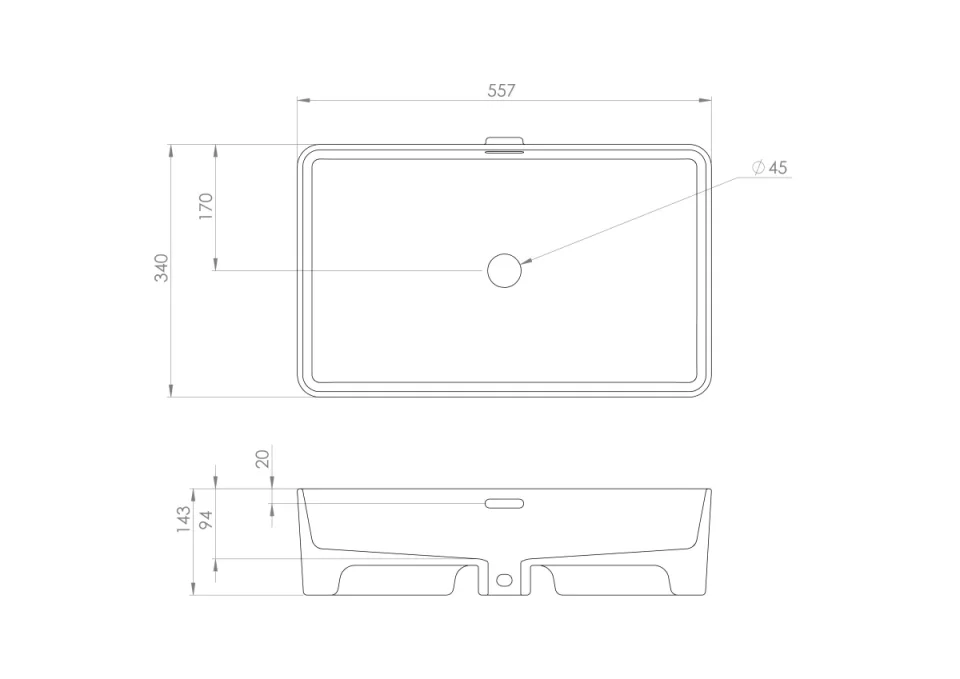 Saneux Sienna 55x35cm Rectangular Countertop Washbasin detail view - Image 2