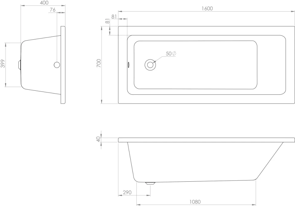 Saneux Stetson 1600x700mm Bath Single Ended & Bath Legs detail view - Image 3