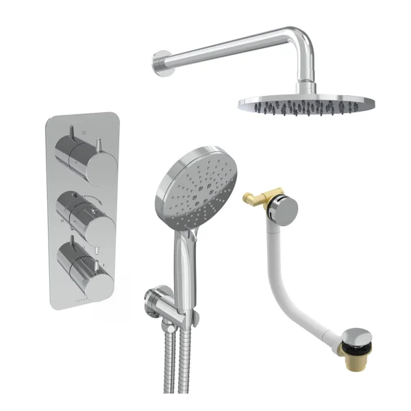 Saneux Eden 3 Way Shower Kit - W/ 3 Function Handset & Bath Filler & Shower Head - Chrome