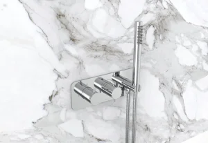 Saneux Eden 2 Way Thermostatic Shower Valve Kit In Landscape With Handspray - Brushed Nickel