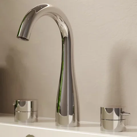 Saneux Eden 3 Piece Deck Mounted Basin Mixer - Brushed Nickel detail view - Image 1