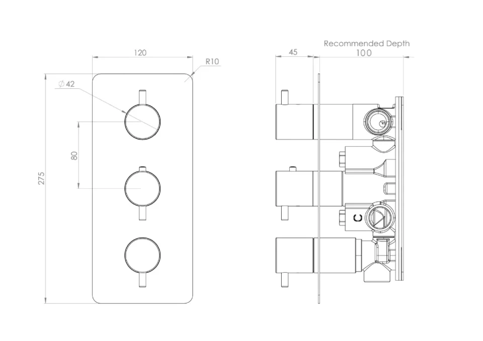 Saneux Cos 3 Way Thermostatic Shower Valve Kit - W/ Classic Handle - Portrait - Brushed Brass (pvd) - Image 2