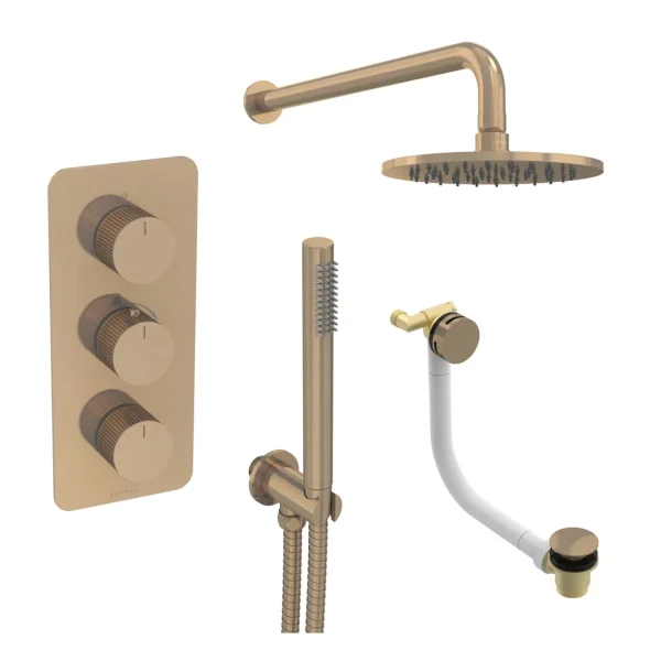 Saneux Cos 3 Way Shower Kit - W/ Slim Handset & Bath Filler & Shower Head - Fluted - Brushed Bronze
