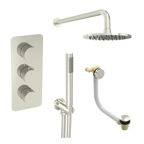Saneux Cos 3 Way Shower Kit - W/ Slim Handset & Bath Filler & Shower Head - Fluted - Brushed Nickel