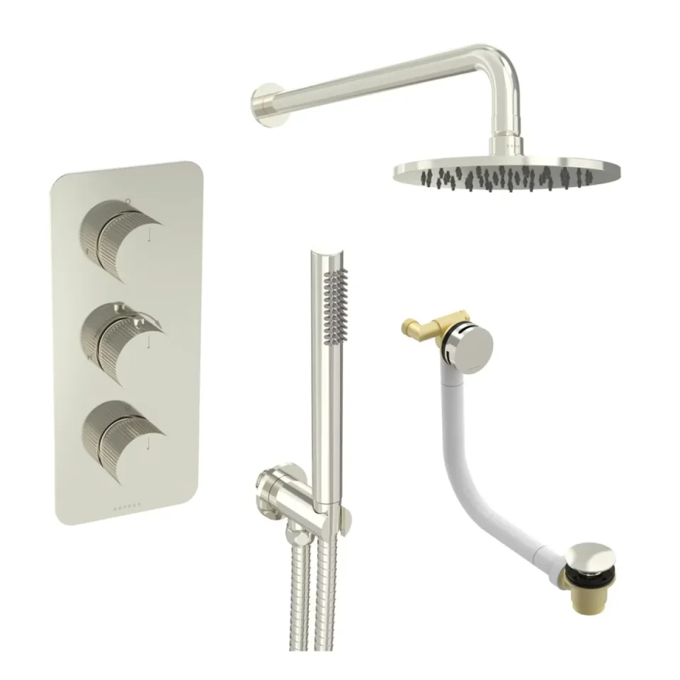 Saneux Cos 3 Way Shower Kit - W/ Slim Handset & Bath Filler & Shower Head - Fluted - Brushed Nickel - Image 1