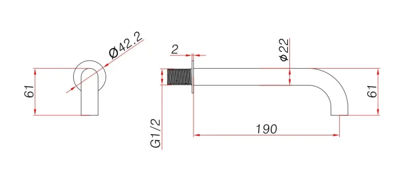 Ava Trend 184mm Wall Mounted Spout Only - Brushed Brass technical drawing - Image 2