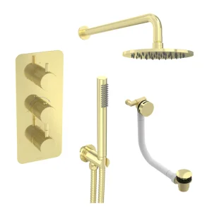 Saneux Cos 3 Way Shower Kit - W/ Slim Handset & Bath Filler & Shower Head - Knurled - Brushed Brass