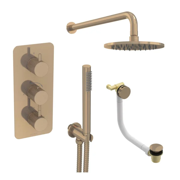 Saneux Cos 3 Way Shower Kit - W/ Slim Handset & Bath Filler & Shower Head - Knurled - Brushed Bronze