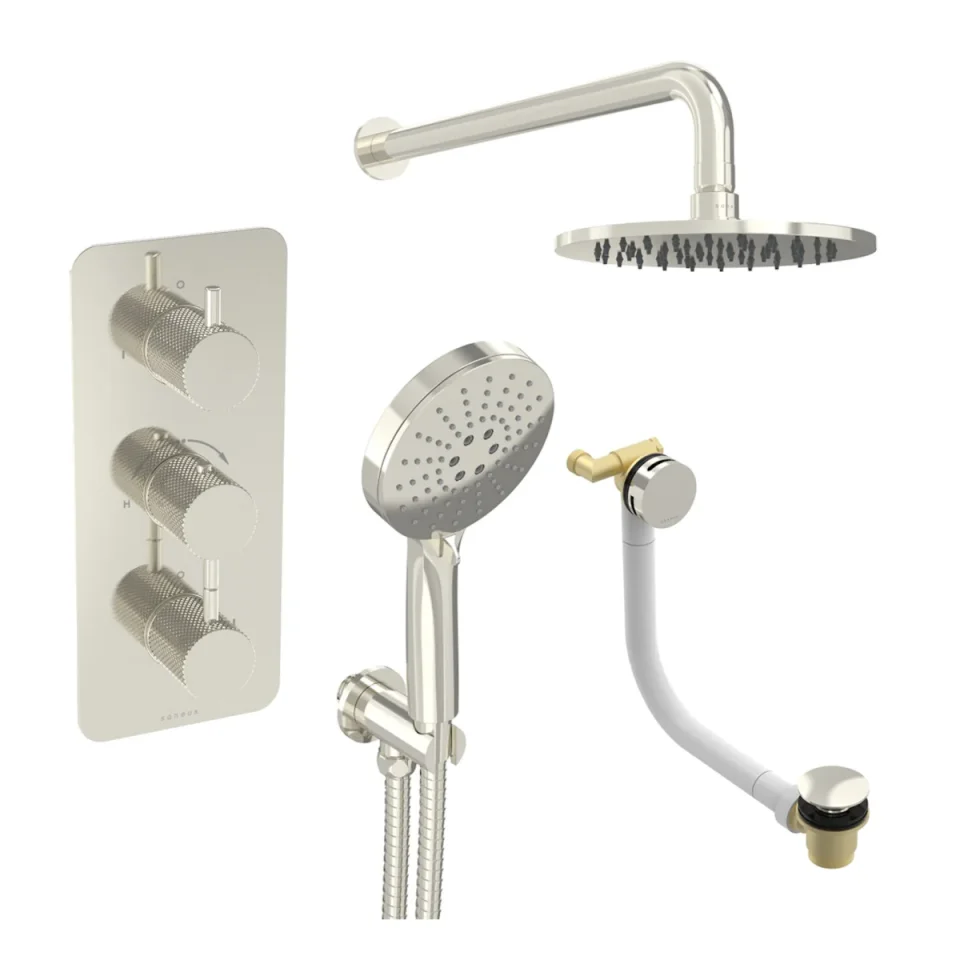 Saneux Cos 3 Way Shower Kit - W/ 3 Function Handset & Bath Filler & Shower Head - Knurled - Brushed Nickel detail view - Image 1