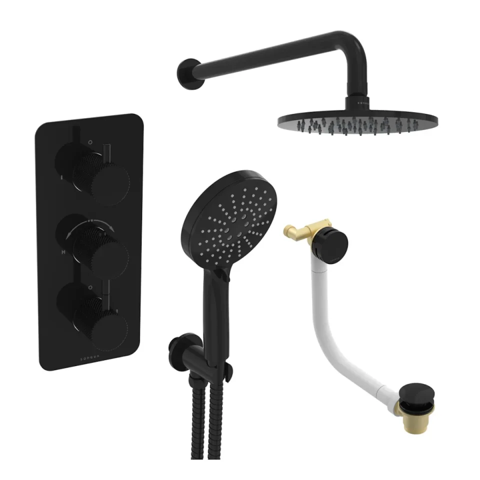 Saneux Cos 3 Way Shower Kit - W/ 3 Function Handset & Bath Filler & Shower Head - Knurled - Satin Black detail view - Image 1