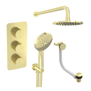 Saneux Cos 3 Way Shower Kit - W/ 3 Function Handset & Bath Filler & Shower Head - Fluted - Brushed Brass