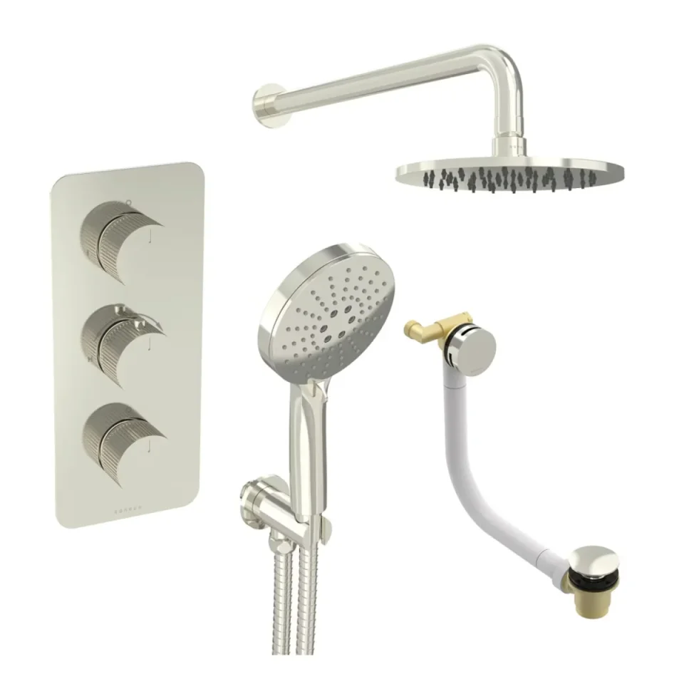 Saneux Cos 3 Way Shower Kit - W/ 3 Function Handset & Bath Filler & Shower Head - Fluted - Brushed Nickel - Image 1
