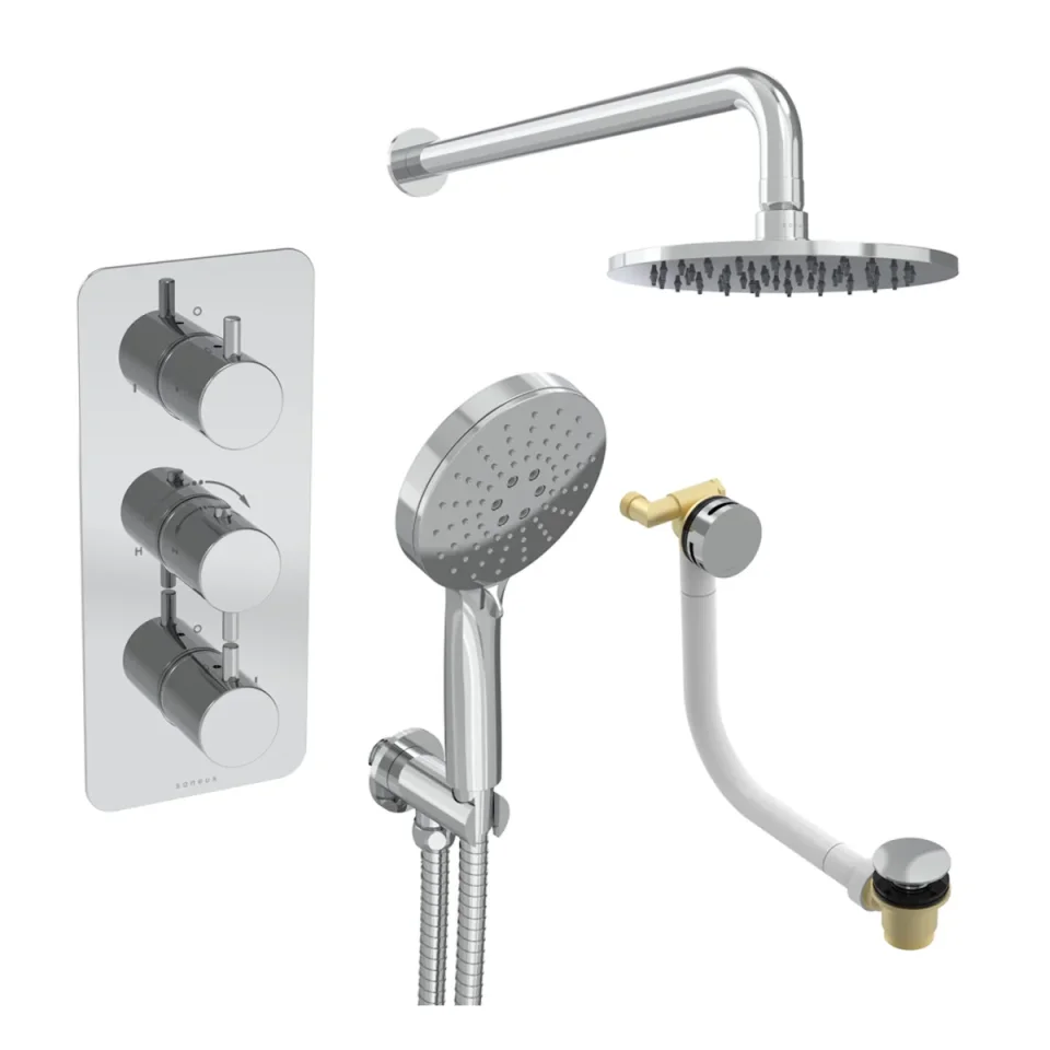 Saneux Cos 3 Way Shower Kit - W/ 3 Function Handset & Bath Filler & Shower Head - Fluted - Chrome detail view - Image 1