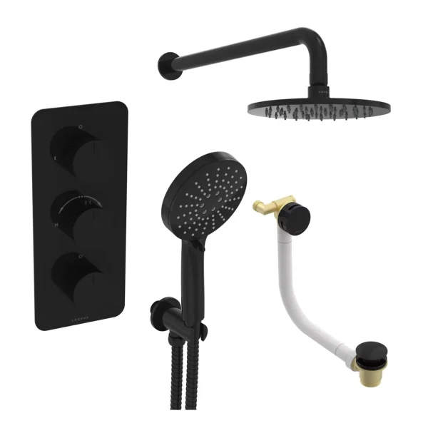 Saneux Cos 3 Way Shower Kit - W/ 3 Function Handset & Bath Filler & Shower Head - Fluted - Satin Black