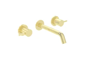 Saneux Cos 3 Tap Hole Wall Mounted Basin Mixer Kit - W/ Short Spout (130mm) W/ Classic Handle - Brushed Brass (pvd)