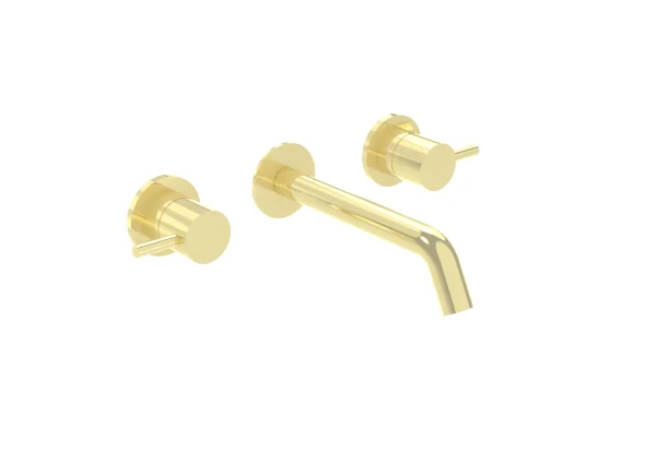Saneux Cos 3 Tap Hole Wall Mounted Basin Mixer Kit - W/ Long Spout (220mm) W/ Fluted Handle - Brushed Brass (pvd)