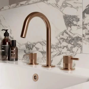 Saneux Cos 3 Tap Hole Deck Mounted Basin Mixer Kit - W/ Knurled Handle - Brushed Bronze (pvd)