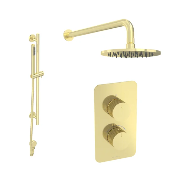 Saneux Cos 2 Way Shower Kit - W/ Slim Handset & Slider Rail & Shower Head - Fluted - Brushed Brass