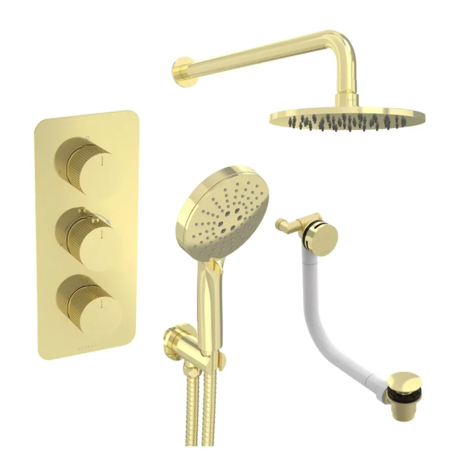Saneux Cos 3 Way Shower Kit - W/ 3 Function Handset & Bath Filler & Shower Head - Fluted - Brushed Brass product image - Image 2