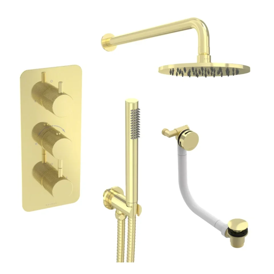 Saneux Cos 3 Way Shower Kit - W/ Slim Handset & Bath Filler & Shower Head - Knurled - Brushed Brass product image - Image 2
