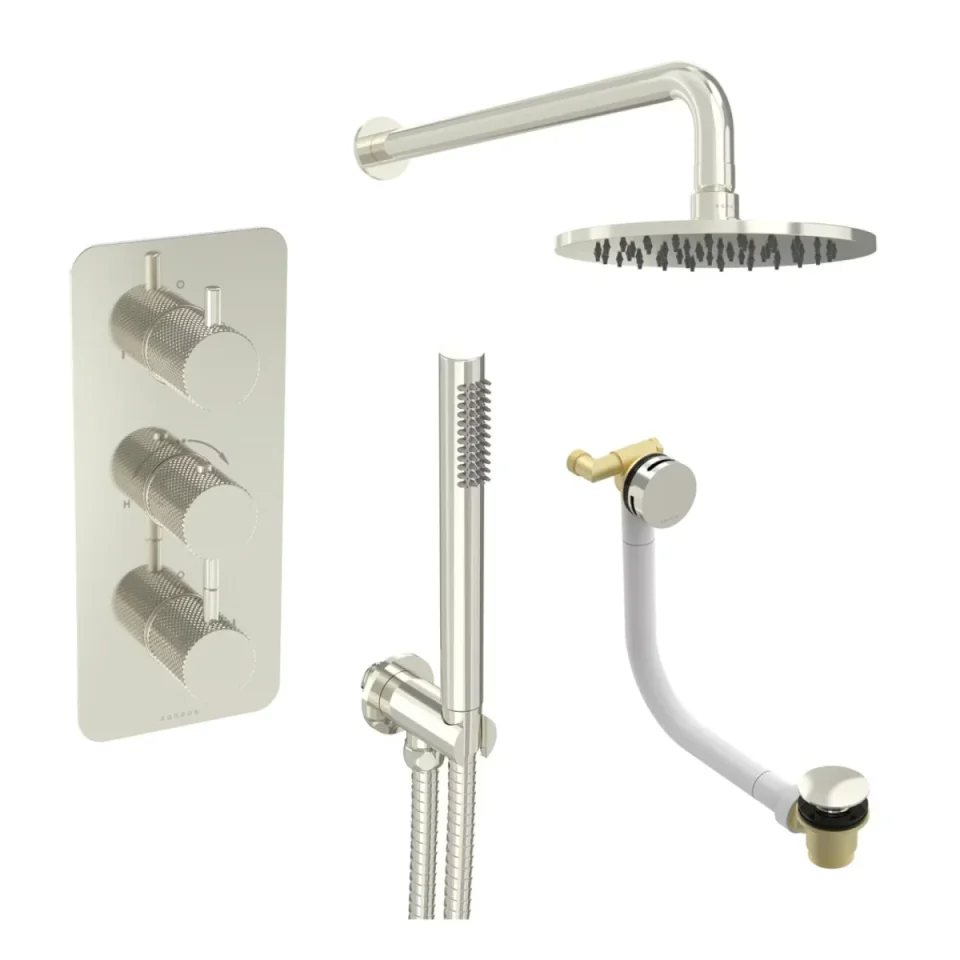 Saneux Cos 3 Way Shower Kit - W/ Slim Handset & Bath Filler & Shower Head - Knurled - Brushed Nickel product image - Image 2