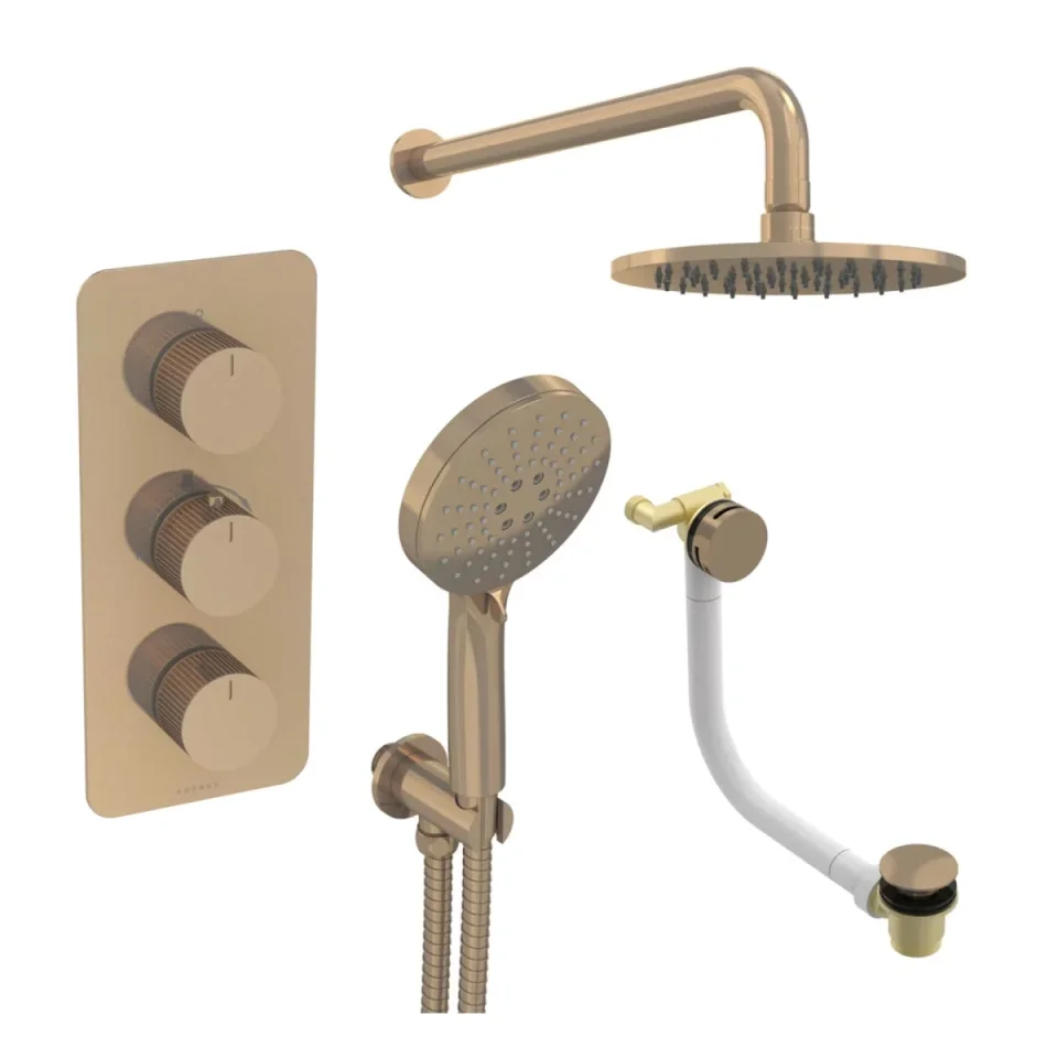 Saneux Cos 3 Way Shower Kit - W/ 3 Function Handset & Bath Filler & Shower Head - Fluted - Brushed Bronze product image - Image 2