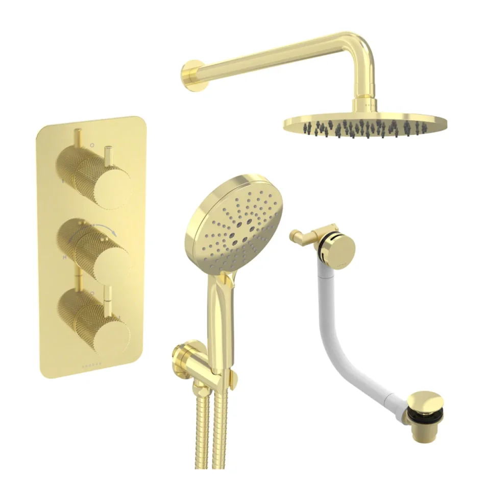 Saneux Cos 3 Way Shower Kit - W/ 3 Function Handset & Bath Filler & Shower Head - Knurled - Brushed Brass product image - Image 2