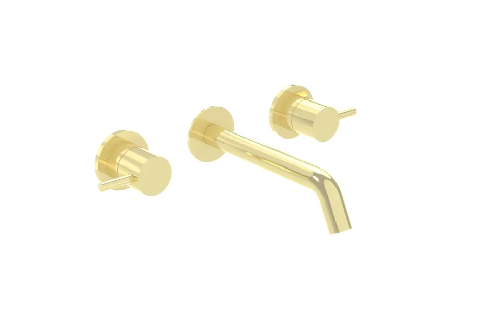 Saneux Cos 3 Tap Hole Wall Mounted Basin Mixer Kit - W/ Long Spout (220mm) W/ Fluted Handle - Brushed Brass (pvd) detail view - Image 4