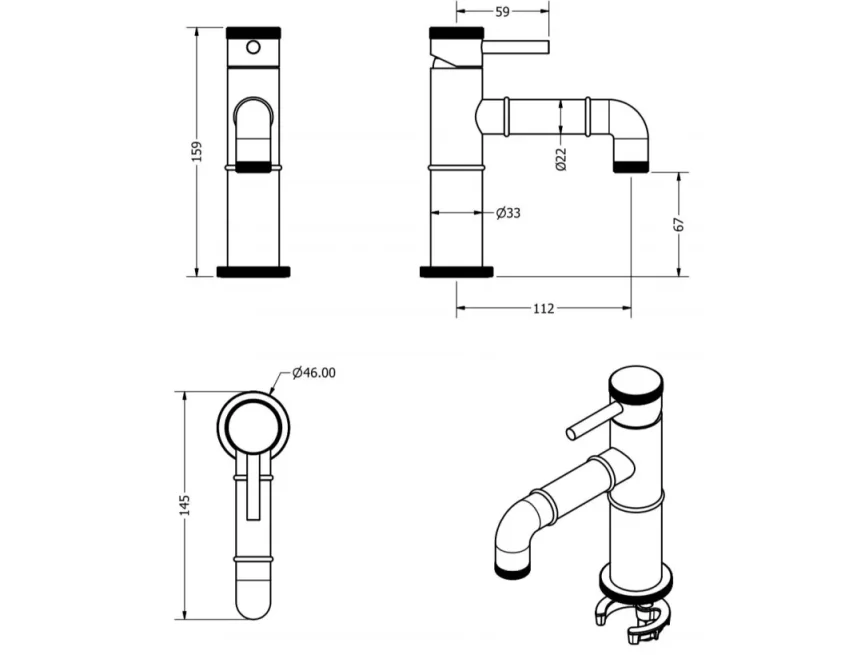 Crosswater MPRO Industrial Basin Monobloc without Waste Brushed Brass Unlaquered technical drawing - Image 3