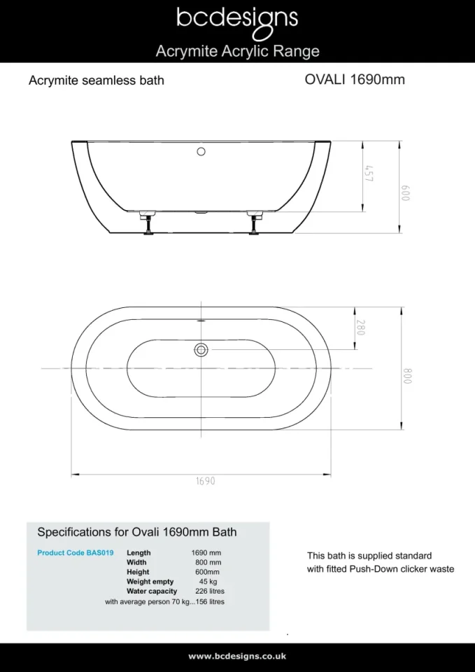 Bc Designs Ovali 1690 X 800 Bath (waste Included) White detail view - Image 3