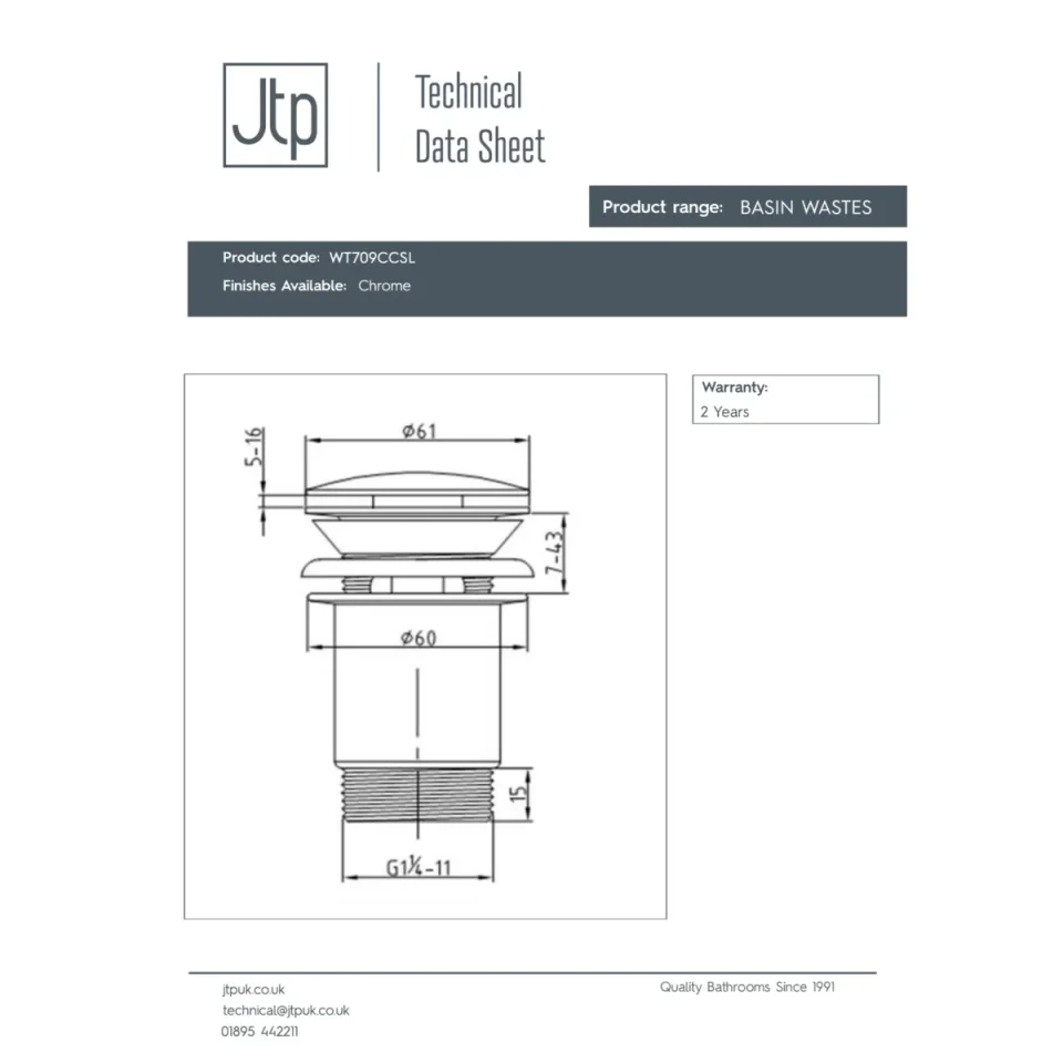 Just Taps White Plug Click Clack Basin Waste Slotted Chrome detail view - Image 2