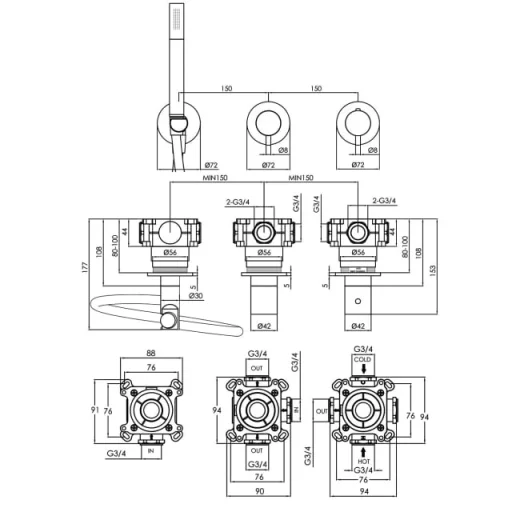 Just Taps Vos Modular 2 Handle 2 Outlet Thermostatic Shower Valve W Handset Mb detail view - Image 2