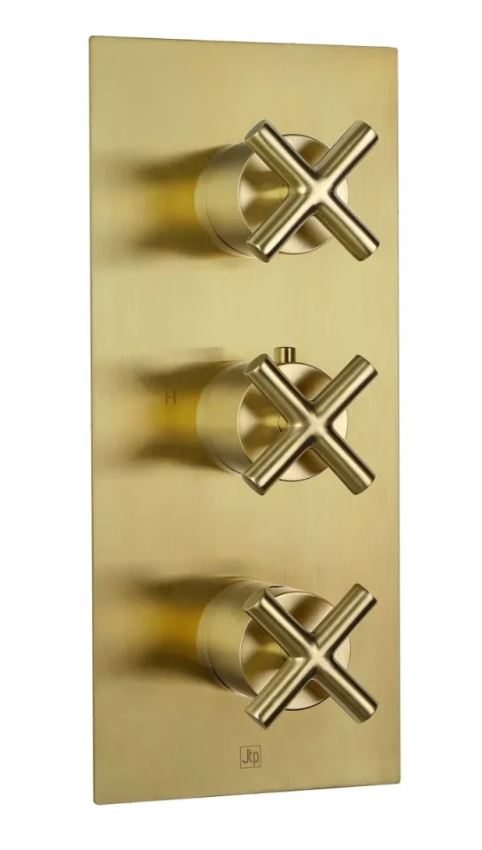 Just Taps Solex Thermostatic Concealed 2 Outlet Shower Valve Vertical Brushed Brass detail view - Image 1