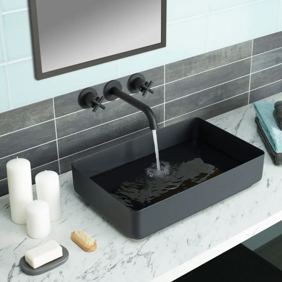 Just Taps Solex 3 Hole Wall Mounted Basin Mixer Matt Black detail view - Image 3