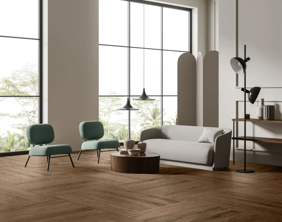 European Tiles Just Live Modera Dark Walnut 16X100Cm Matt Porcelain Rectified Tile (1.12msq) detail view - Image 3
