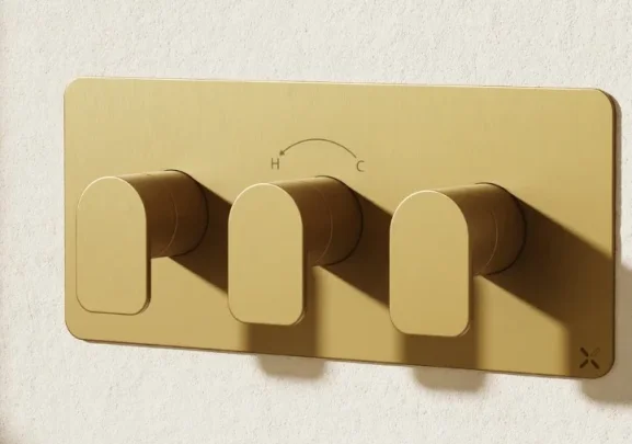 Crosswater Fuse 2 Outlet 3 Handle Landscape Valve & Trimset Brushed Brass detail view - Image 1