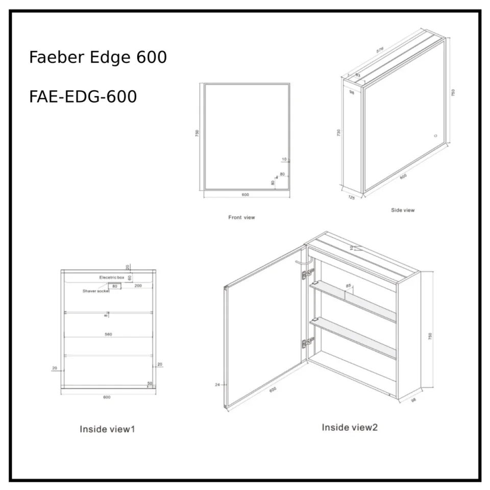 Faeber Edge 600 Led 1 Door Illuminated Mirror Cabinet (Recess Compatible) technical drawing - Image 2